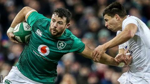 Robbie Henshaw gets a tug from England's Ben Youngs in last year's Six Nations game in Dublin