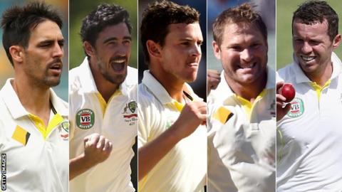 Mitchell Johnson, Mitchell Starc, Josh Hazlewood, Ryan Harris & Peter Siddle