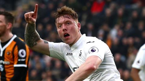 Alfie Mawson celebrates scoring for Swansea