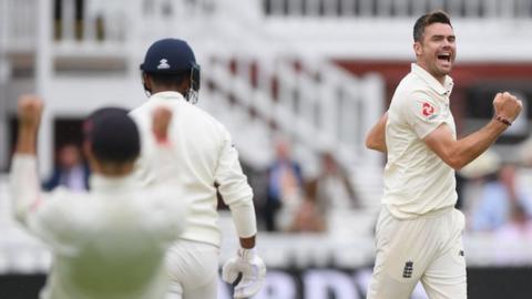 James Anderson celebrates after taking the wicket of Lokesh Rahul