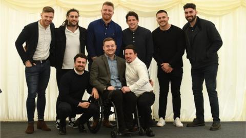Owen Williams with Cardiff Blues players who came through the same academy year, pictured at "Stay Strong for Ows" annual dinner on 21 February, 2020.