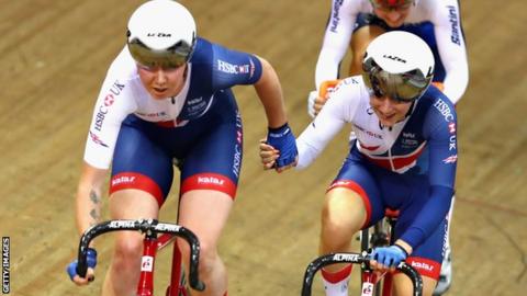 Katie Archibald and Laura Kenny compete in the Madison at the European Championships in Glasgow
