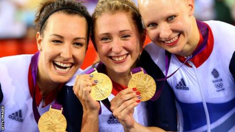 Dani King, Laura Trott, and Joanna Rowsell with their London 2012 gold medal