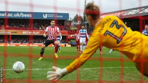 Neal Maupay scores from the penalty spot for Brentford