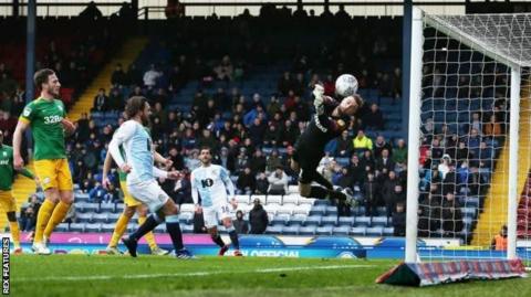 Preston keeper Declan Rudd makes a save during the first half against Blackburn