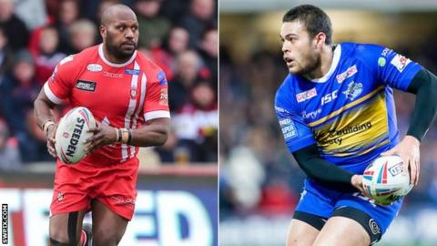 Robert Lui (left) in action for Salford and Tui Lolohea in action for Leeds