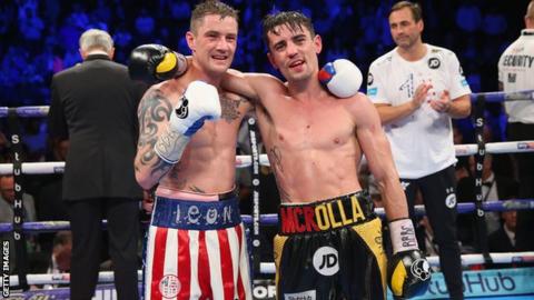 Anthony Crolla and Ricky Burns embarce after the fight