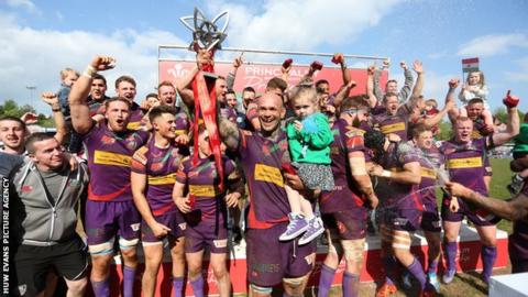 Ebbw Vale celebrate winning the 2016-17 Principality Premiership.