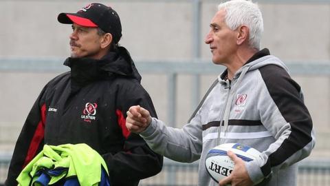 Ulster director of rugby Less Kiss in discussion with Joe Barakat at the Kingspan Stadium