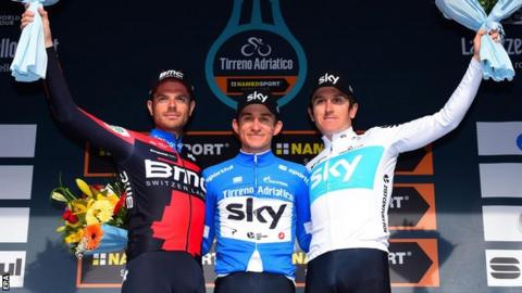 Damiano Caruso, Michal Kwiatkowski and Geraint Thomas salute the crowd on the Tirreno-Adriatico final podium