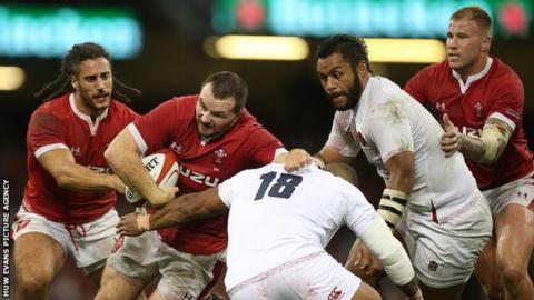 Ken Owens takes on England for Wales, supported by Josh Navidi and Ross Moriarty