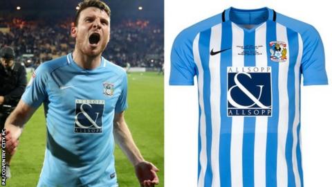 Coventry City's 2017-18 shirt on the left, with their one-off League Two play-off final kit on the right