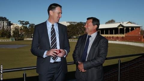 David Peever (right) with former Cricket Australia chief executive James Sutherland, who quit in June