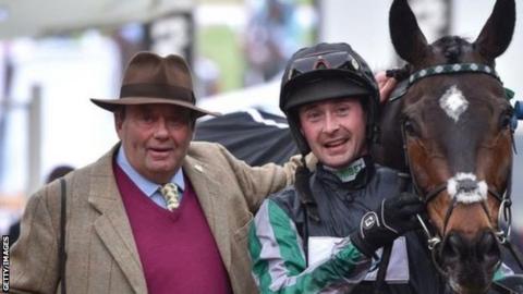 Nicky Henderson with jockey Nico de Boinville and Altior