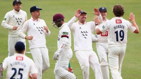 Sussex players Ed Joyce, Luke Wright, Chris Nash, Ben Brown and Matt Hobden celebrate a wicket