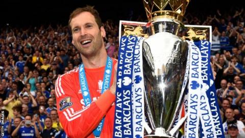 Petr Cech celebrates winning one of four Premier Legaue titles