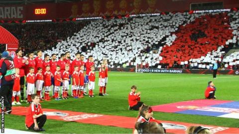Wales players line up as fans join together to display a poppy symbol ahead of facing Serbia in a 2018 World Cup Qualifier