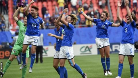 Italy players celebrate victory against Australia