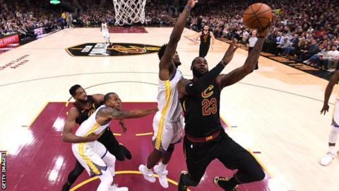 LeBron James shoots against the Golden State Warriors