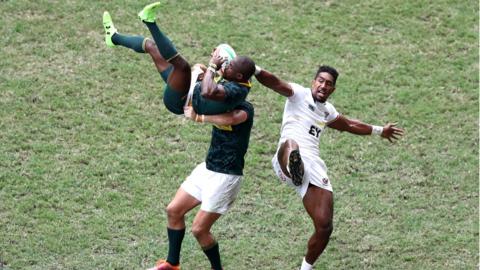 Siviwe Soyizwapi of South Africa collects a high ball against USA on day three of the Cathay Pacific/HSBC Hong Kong Sevens at the Hong Kong Stadium