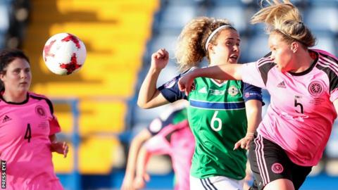 Courtney Whyte heads clear for Scotland as Brenna McPartlan closes in during the Group A encounter