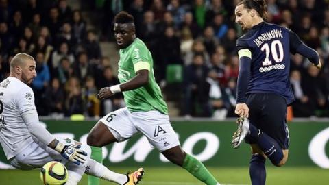 Paris St-Germain forward Zlatan Ibrahimovic in action against St Etienne