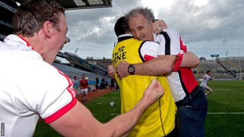 Mattie Lennon (right) celebrates the 2014 Nicky Rackard Cup success
