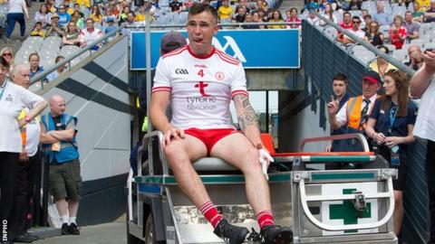 Cathal McCarron on the way to receiving medical treatment at Croke Park after being injured in Saturday's thumping win over Roscommon