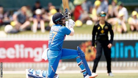 India opener Shafali Verma hits a boundary against Australia