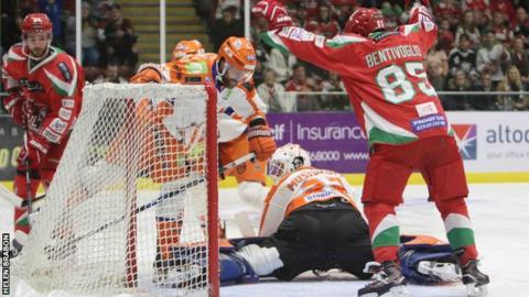 Sean Bentivoglio celebrates his goal for Cardiff Devils against Sheffield Steelers