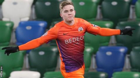 Josh Daniels celebrates after scoring for Glenavon against Linfield