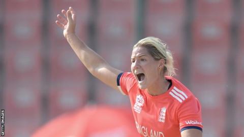 Katherine Brunt appeals for a wicket
