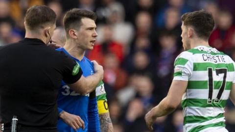 Rangers' Ryan Jack argues with Celtic's Ryan Christie