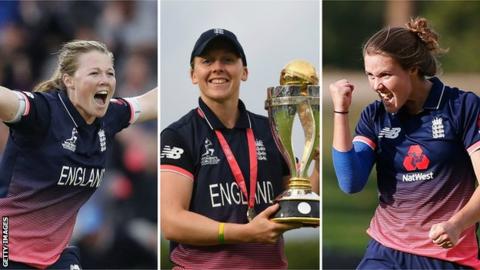 England trio Shrubsole (left), Heather Knight (centre) and Nat Sciver
