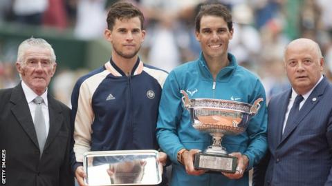 Thiem and Nadal pose with their trophies after the 2018 final