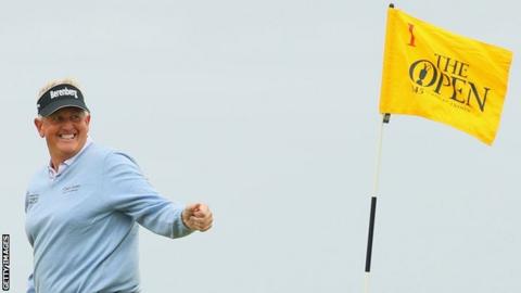 Colin Montgomerie smiles during his third round at Troon