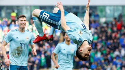 Northern Ireland's Paul Smyth celebrates in style after scoring for Northern Ireland