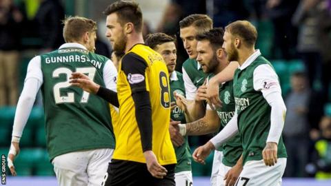 Hibs beat Dumbarton 4-0 to go level on points with Falkirk