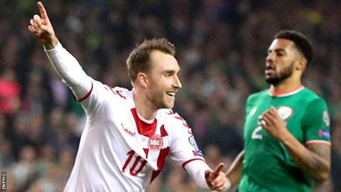 Christian Eriksen celebrates after scoring for Denmark in last year's World Cup play-off 5-1 hammering of the Republic of Ireland