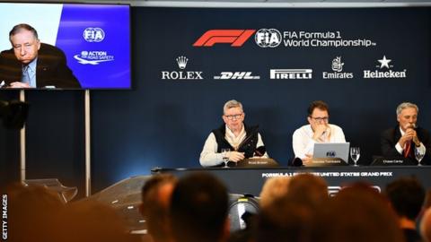 Jean Todt, Ross Brawn, Nikolas Tombazis and Chase Carey