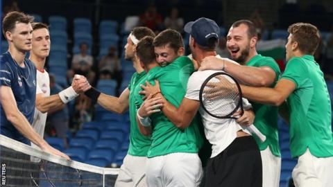 Great Britain's Joe Salisbury and Jamie Murray congratulate Bulgaria's Grigor Dimitrov and Alexandar Lazarov