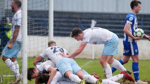 Goal celebrations for Ballymena in their 4-0 away win over the Bannsiders last month
