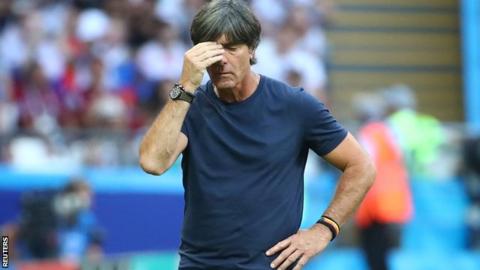 Germany manager Joachim Low reacts during their World Cup exit