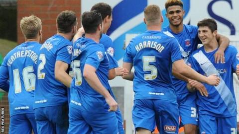 Hartlepool United celebrate Jake Gray's goal against Leyton Orient