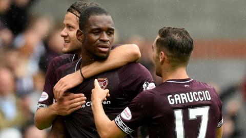 Hearts Uche Ikpeazu celebrates scoring Hearts third goal with fellow goal scorer Ben Garuccio