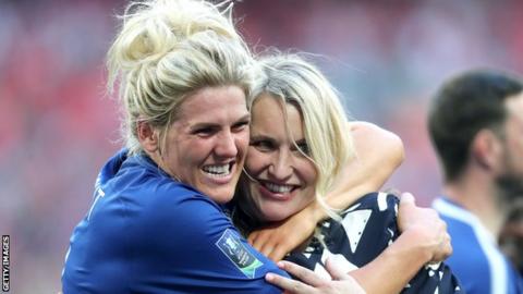 Millie Bright celebrates with Chelsea Women boss Emma Hayes