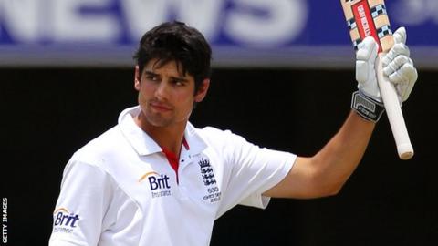 Alastair Cook raises his bat at the Gabba in 2010