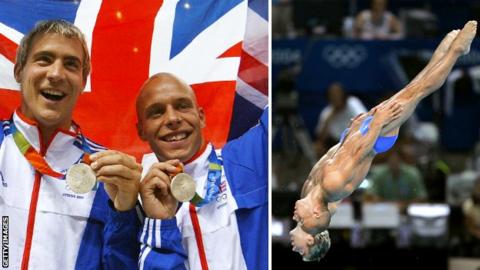 Leon Taylor (left) and Pete Waterfield with their Olympic silver medals after competing in the 10m synchro diving in Athens 2004
