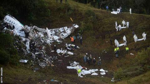 The scene of the plane crash close to Medellin in Colombia
