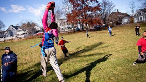 Children playing flag football.